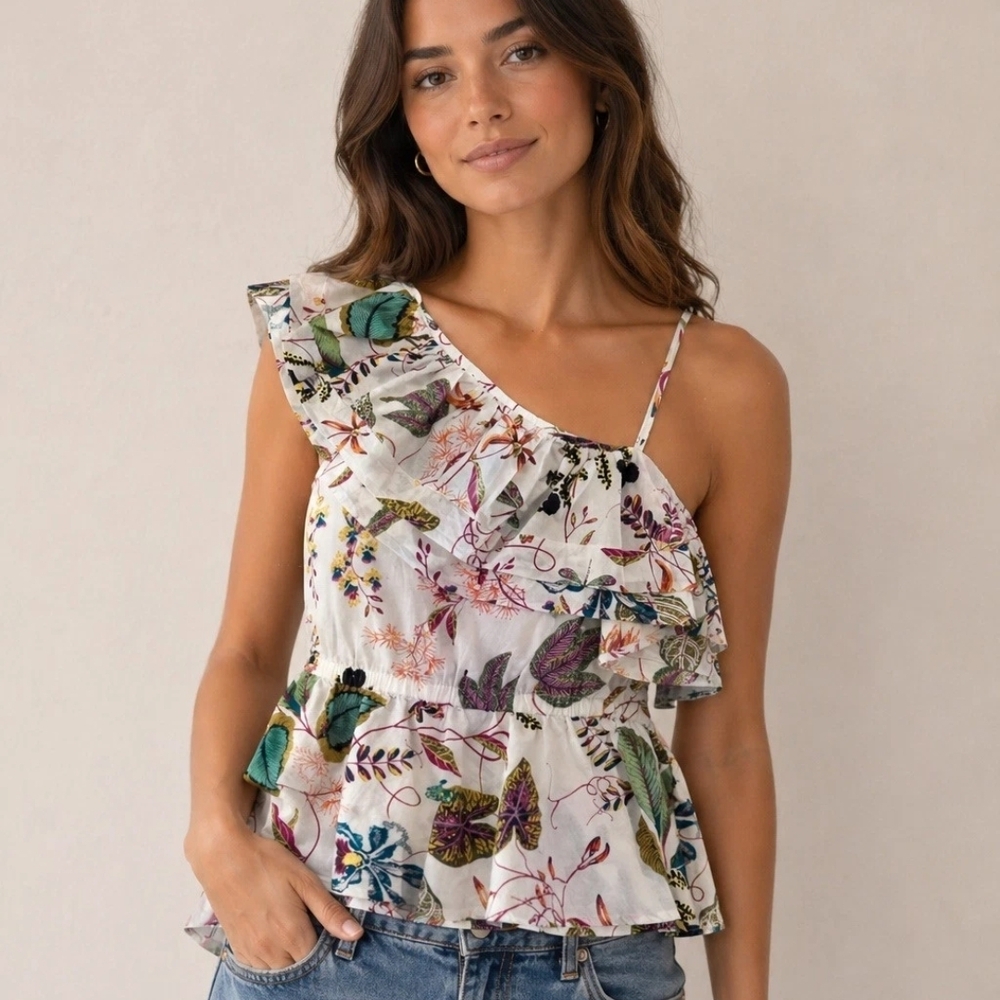 H&M White Floral One-Shoulder Ruffle Camisole Size 8